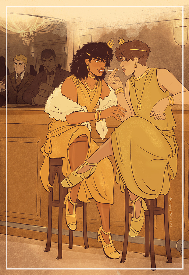 Illustration cover art of Sidney and Ellis at a speakeasy with Harry in the background